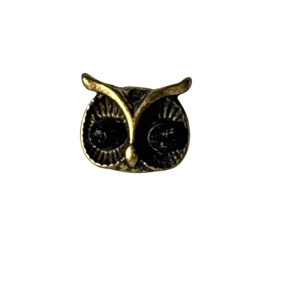 Vintage Brass Tone Black Rhinestone‎ Eyes Owl Pierced Stud Earrings